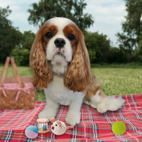 Cavalier King Charles spaniel on a picnic blanket